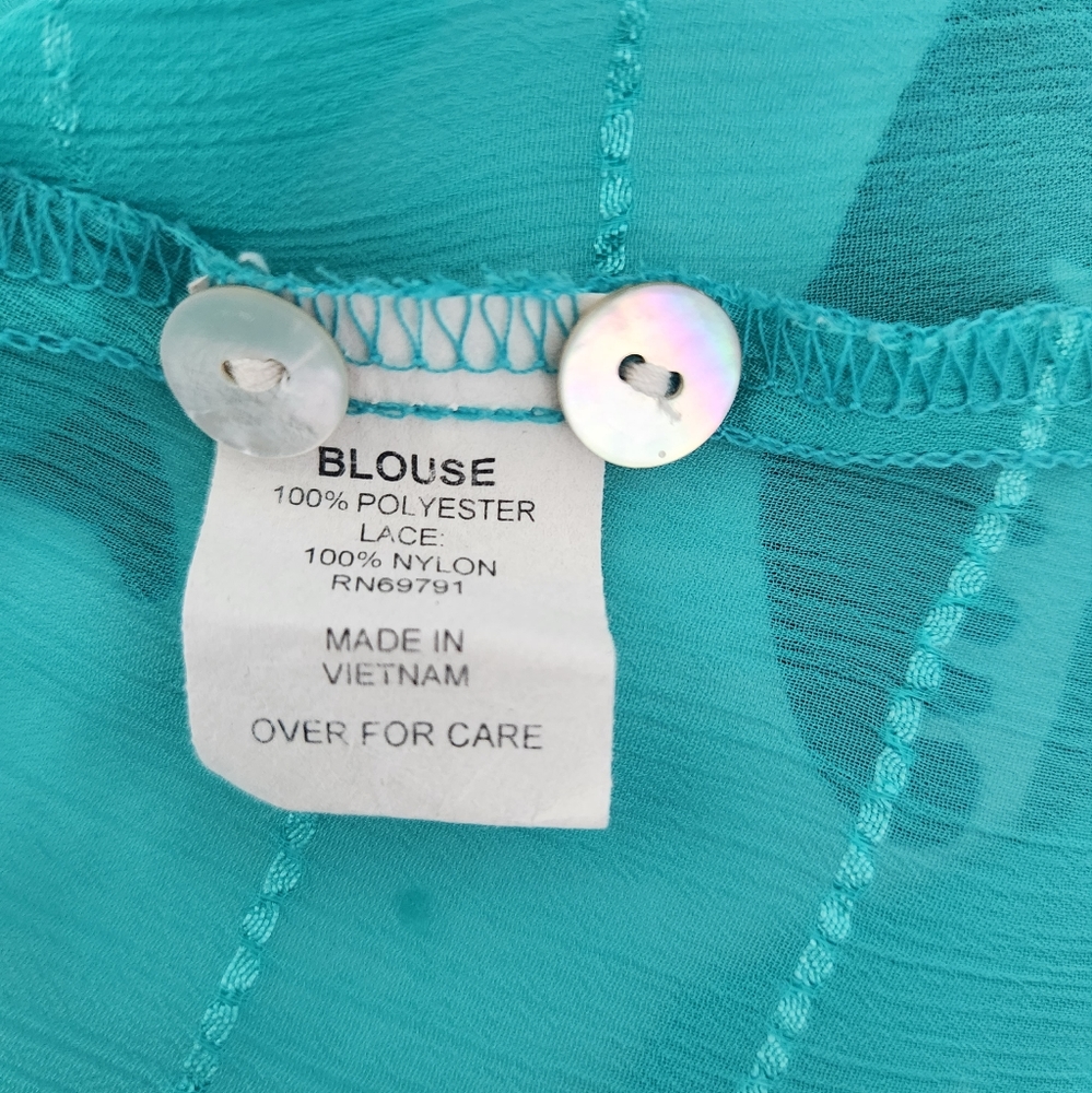 Figueroa & Flower Sheer Teal Blouse Top Medium - Picture 6 of 7
